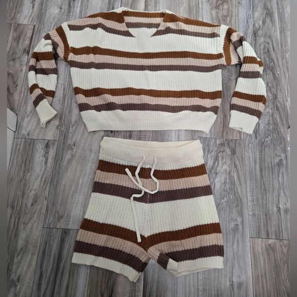 Shein 2 Piece Knitted Shorts And Sweater Striped Sz M - Picture 5 of 11